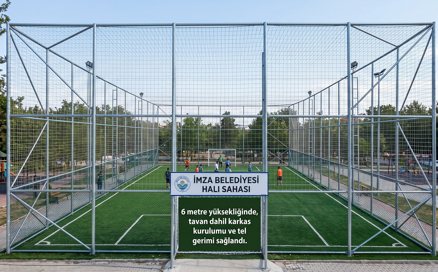 Belediye halı sahası yüksek tavan karkas ve tel gerimi montaj projesi